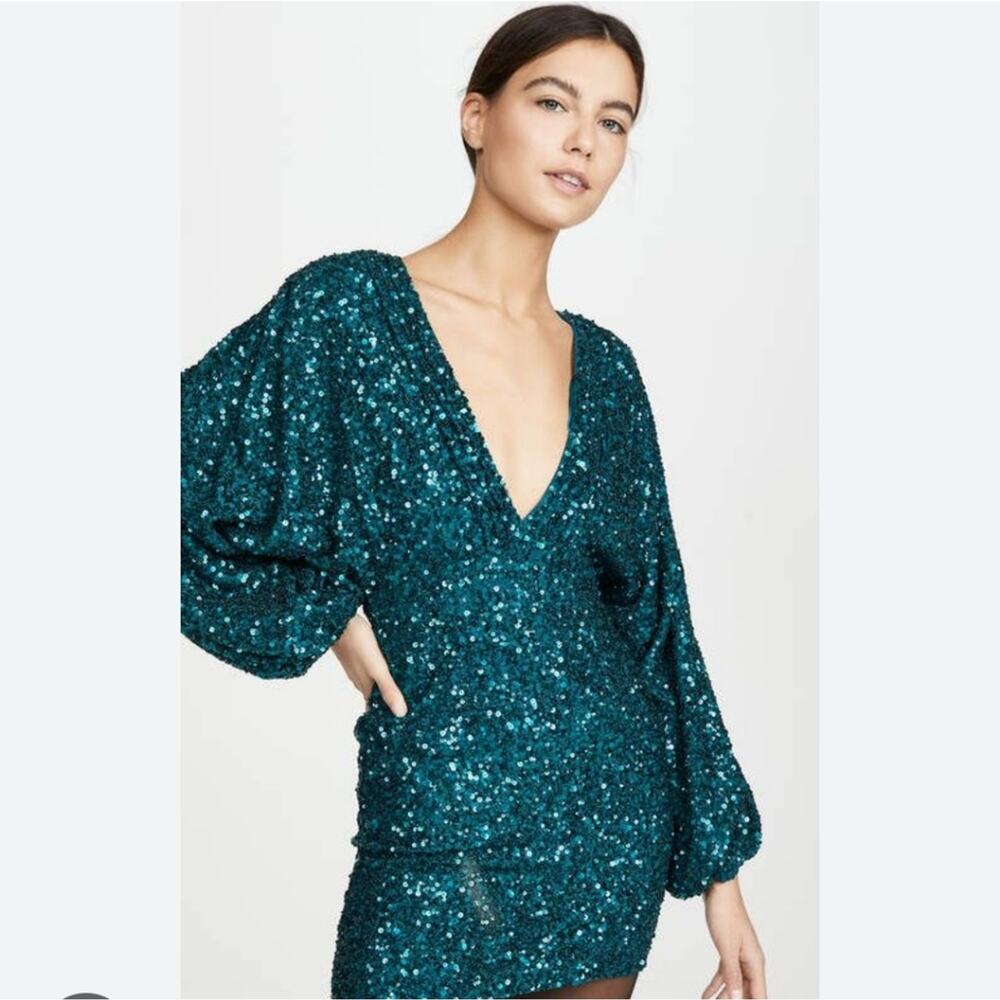 Retrofete Aubrielle Sequin Mini Dress Blue/Green Size XS NWT Long Sleeve V Neck